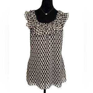 NWT 🆕 Max Edition Medium Ruffled Round Neck Brown & White Short Sleeve Blouse